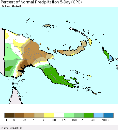 Papua New Guinea Percent of Normal Precipitation 5-Day (CPC) Thematic Map For 1/11/2024 - 1/15/2024