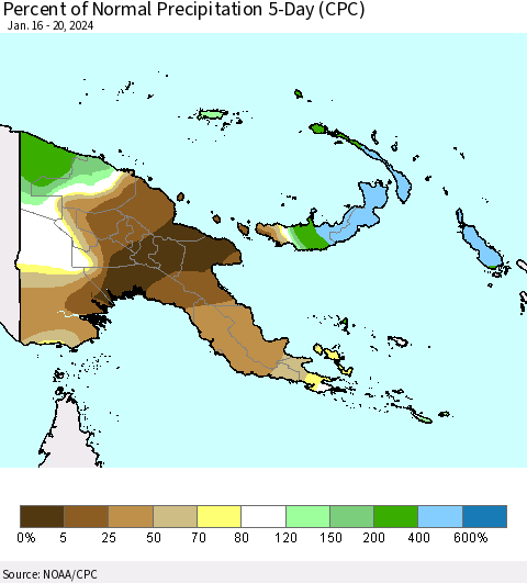 Papua New Guinea Percent of Normal Precipitation 5-Day (CPC) Thematic Map For 1/16/2024 - 1/20/2024