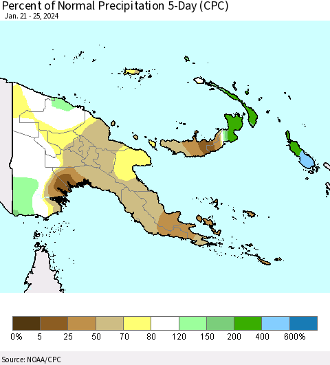 Papua New Guinea Percent of Normal Precipitation 5-Day (CPC) Thematic Map For 1/21/2024 - 1/25/2024