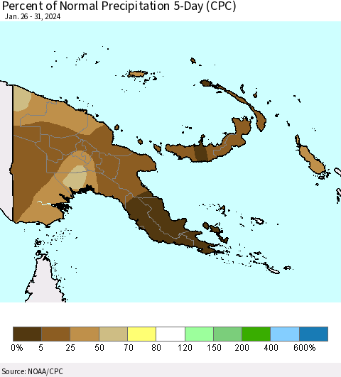 Papua New Guinea Percent of Normal Precipitation 5-Day (CPC) Thematic Map For 1/26/2024 - 1/31/2024