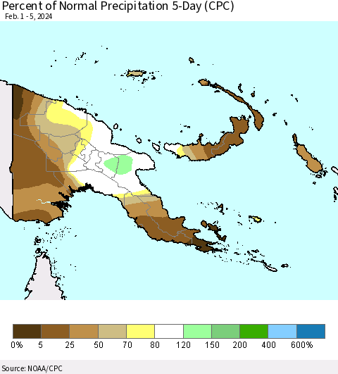 Papua New Guinea Percent of Normal Precipitation 5-Day (CPC) Thematic Map For 2/1/2024 - 2/5/2024