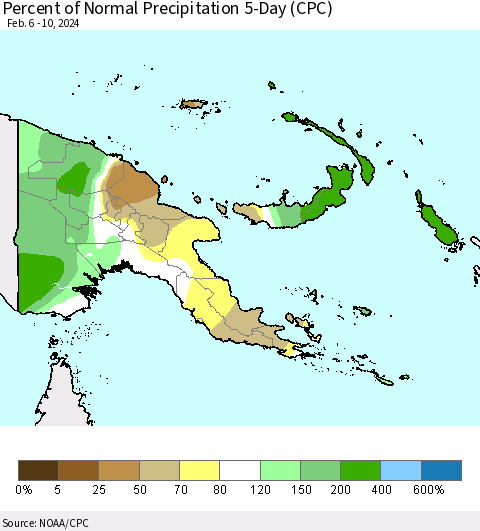 Papua New Guinea Percent of Normal Precipitation 5-Day (CPC) Thematic Map For 2/6/2024 - 2/10/2024