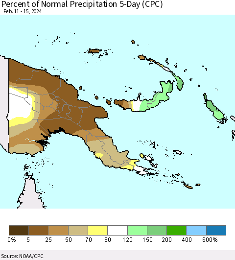 Papua New Guinea Percent of Normal Precipitation 5-Day (CPC) Thematic Map For 2/11/2024 - 2/15/2024