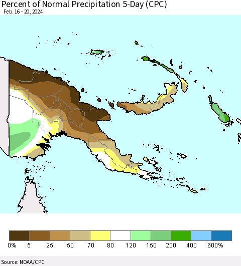 Papua New Guinea Percent of Normal Precipitation 5-Day (CPC) Thematic Map For 2/16/2024 - 2/20/2024