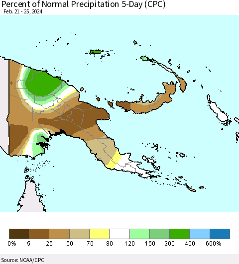 Papua New Guinea Percent of Normal Precipitation 5-Day (CPC) Thematic Map For 2/21/2024 - 2/25/2024