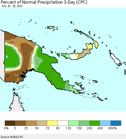 Papua New Guinea Percent of Normal Precipitation 5-Day (CPC) Thematic Map For 2/26/2024 - 2/29/2024