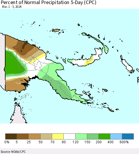 Papua New Guinea Percent of Normal Precipitation 5-Day (CPC) Thematic Map For 3/1/2024 - 3/5/2024
