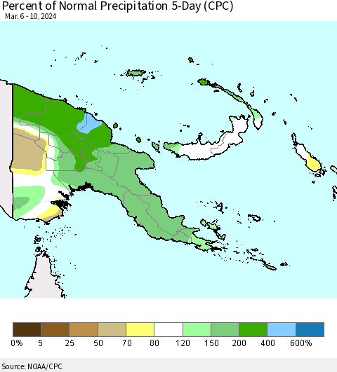 Papua New Guinea Percent of Normal Precipitation 5-Day (CPC) Thematic Map For 3/6/2024 - 3/10/2024