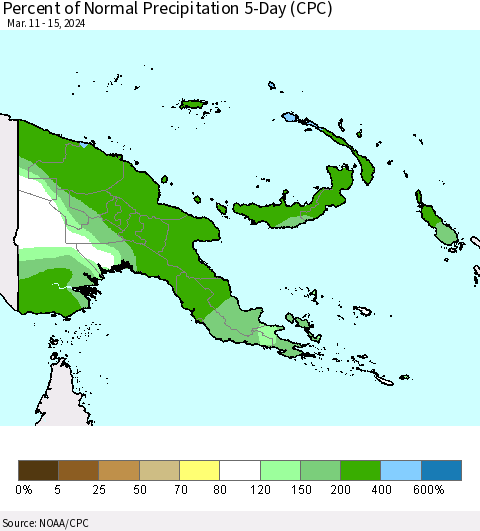Papua New Guinea Percent of Normal Precipitation 5-Day (CPC) Thematic Map For 3/11/2024 - 3/15/2024