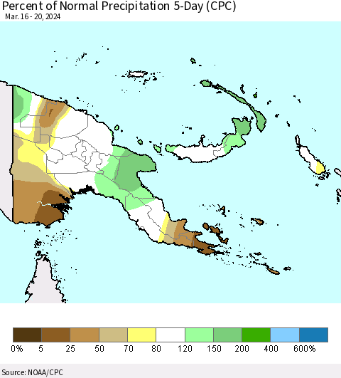 Papua New Guinea Percent of Normal Precipitation 5-Day (CPC) Thematic Map For 3/16/2024 - 3/20/2024