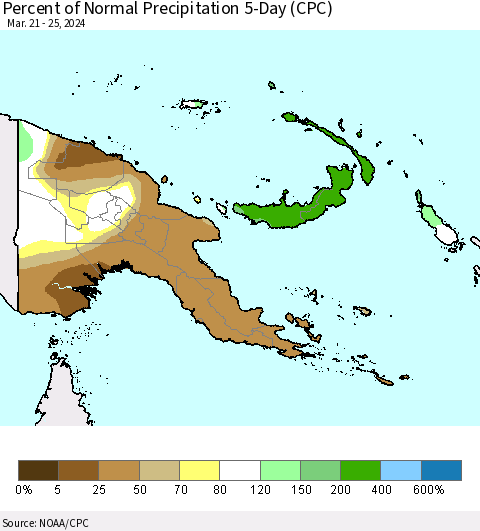 Papua New Guinea Percent of Normal Precipitation 5-Day (CPC) Thematic Map For 3/21/2024 - 3/25/2024