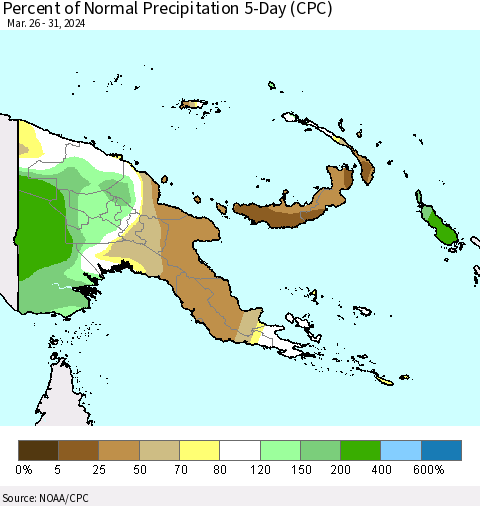 Papua New Guinea Percent of Normal Precipitation 5-Day (CPC) Thematic Map For 3/26/2024 - 3/31/2024