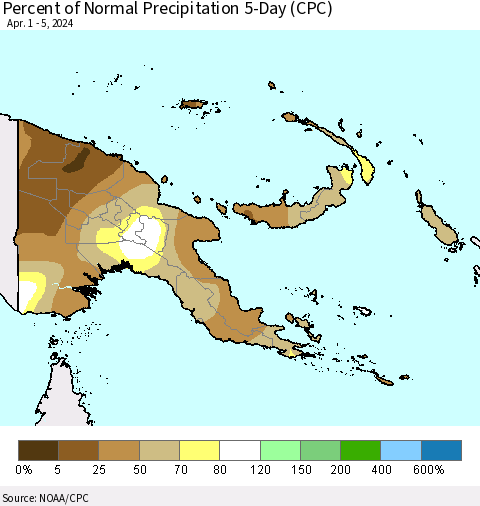 Papua New Guinea Percent of Normal Precipitation 5-Day (CPC) Thematic Map For 4/1/2024 - 4/5/2024