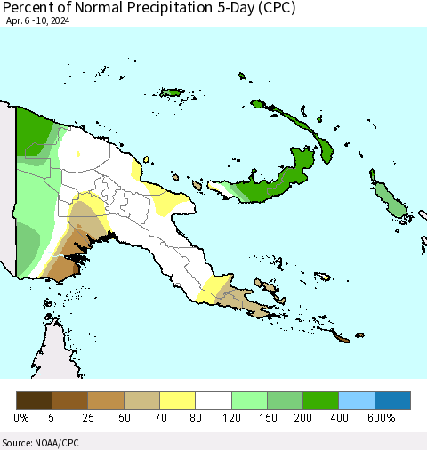 Papua New Guinea Percent of Normal Precipitation 5-Day (CPC) Thematic Map For 4/6/2024 - 4/10/2024