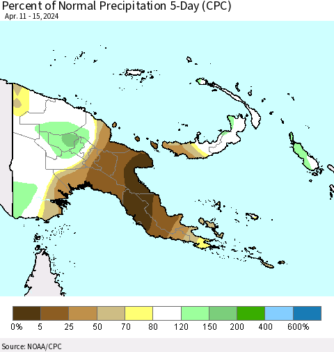 Papua New Guinea Percent of Normal Precipitation 5-Day (CPC) Thematic Map For 4/11/2024 - 4/15/2024