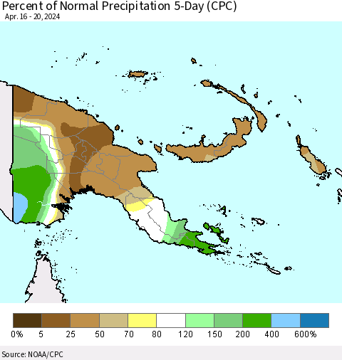 Papua New Guinea Percent of Normal Precipitation 5-Day (CPC) Thematic Map For 4/16/2024 - 4/20/2024