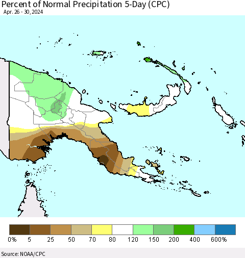 Papua New Guinea Percent of Normal Precipitation 5-Day (CPC) Thematic Map For 4/26/2024 - 4/30/2024