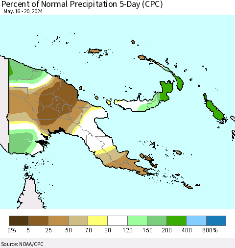 Papua New Guinea Percent of Normal Precipitation 5-Day (CPC) Thematic Map For 5/16/2024 - 5/20/2024
