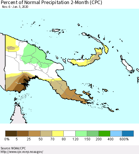 Papua New Guinea Percent of Normal Precipitation 2-Month (CPC) Thematic Map For 11/6/2019 - 1/5/2020