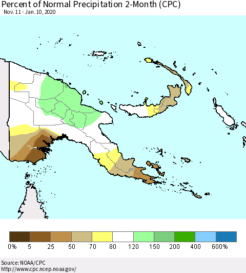 Papua New Guinea Percent of Normal Precipitation 2-Month (CPC) Thematic Map For 11/11/2019 - 1/10/2020