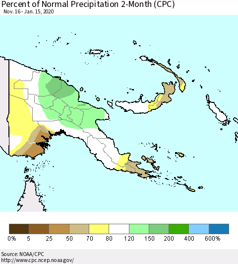 Papua New Guinea Percent of Normal Precipitation 2-Month (CPC) Thematic Map For 11/16/2019 - 1/15/2020