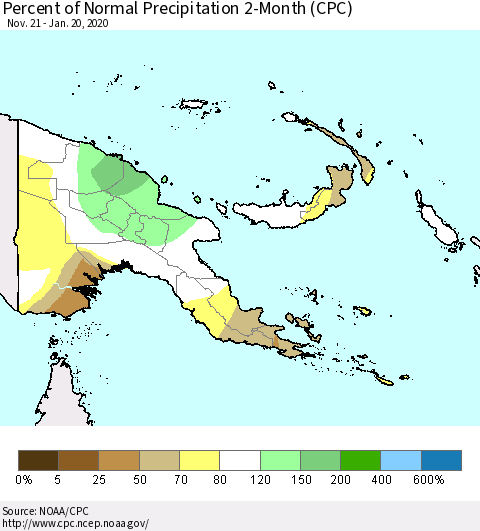 Papua New Guinea Percent of Normal Precipitation 2-Month (CPC) Thematic Map For 11/21/2019 - 1/20/2020