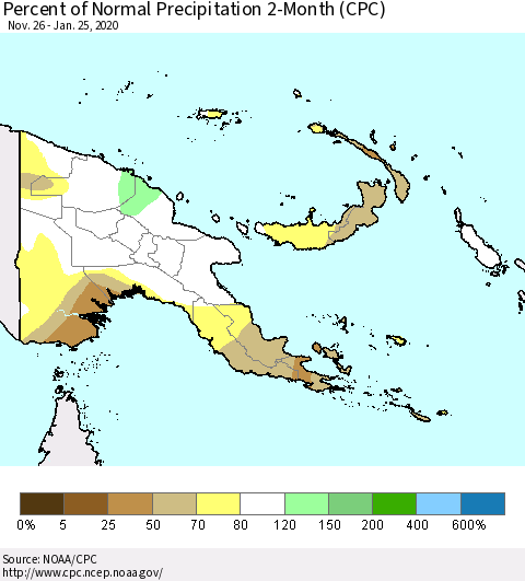 Papua New Guinea Percent of Normal Precipitation 2-Month (CPC) Thematic Map For 11/26/2019 - 1/25/2020