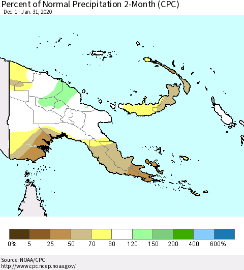 Papua New Guinea Percent of Normal Precipitation 2-Month (CPC) Thematic Map For 12/1/2019 - 1/31/2020