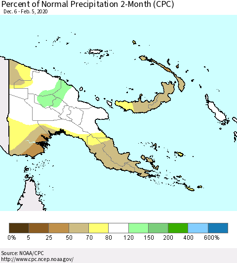 Papua New Guinea Percent of Normal Precipitation 2-Month (CPC) Thematic Map For 12/6/2019 - 2/5/2020