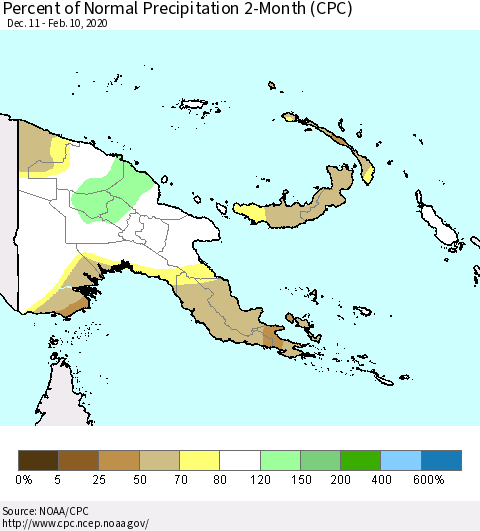 Papua New Guinea Percent of Normal Precipitation 2-Month (CPC) Thematic Map For 12/11/2019 - 2/10/2020