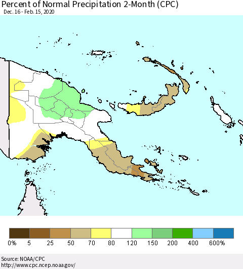 Papua New Guinea Percent of Normal Precipitation 2-Month (CPC) Thematic Map For 12/16/2019 - 2/15/2020