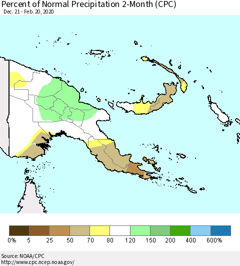 Papua New Guinea Percent of Normal Precipitation 2-Month (CPC) Thematic Map For 12/21/2019 - 2/20/2020