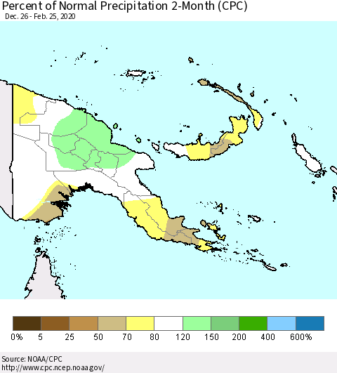 Papua New Guinea Percent of Normal Precipitation 2-Month (CPC) Thematic Map For 12/26/2019 - 2/25/2020