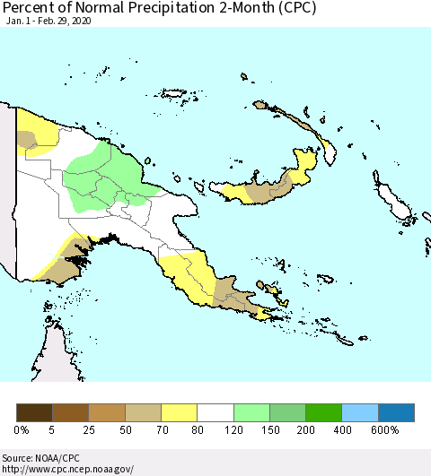 Papua New Guinea Percent of Normal Precipitation 2-Month (CPC) Thematic Map For 1/1/2020 - 2/29/2020