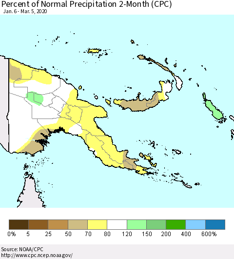 Papua New Guinea Percent of Normal Precipitation 2-Month (CPC) Thematic Map For 1/6/2020 - 3/5/2020