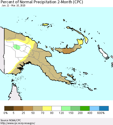 Papua New Guinea Percent of Normal Precipitation 2-Month (CPC) Thematic Map For 1/11/2020 - 3/10/2020