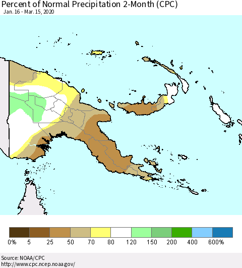 Papua New Guinea Percent of Normal Precipitation 2-Month (CPC) Thematic Map For 1/16/2020 - 3/15/2020