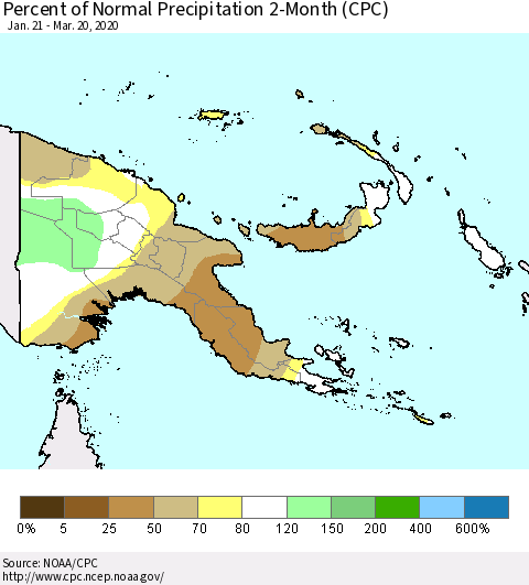 Papua New Guinea Percent of Normal Precipitation 2-Month (CPC) Thematic Map For 1/21/2020 - 3/20/2020