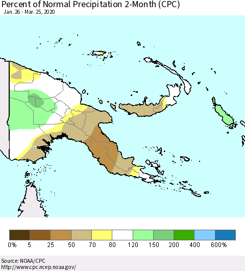Papua New Guinea Percent of Normal Precipitation 2-Month (CPC) Thematic Map For 1/26/2020 - 3/25/2020