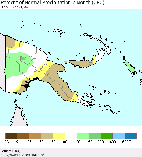Papua New Guinea Percent of Normal Precipitation 2-Month (CPC) Thematic Map For 2/1/2020 - 3/31/2020
