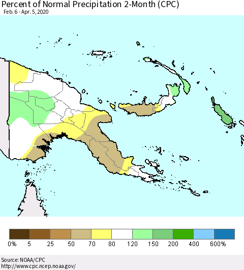 Papua New Guinea Percent of Normal Precipitation 2-Month (CPC) Thematic Map For 2/6/2020 - 4/5/2020