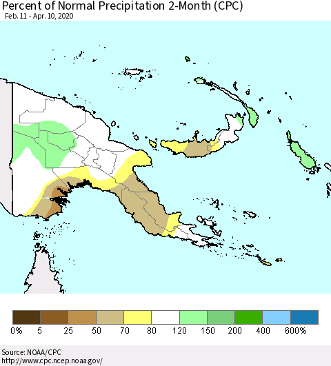 Papua New Guinea Percent of Normal Precipitation 2-Month (CPC) Thematic Map For 2/11/2020 - 4/10/2020