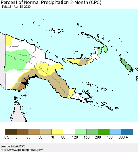 Papua New Guinea Percent of Normal Precipitation 2-Month (CPC) Thematic Map For 2/16/2020 - 4/15/2020