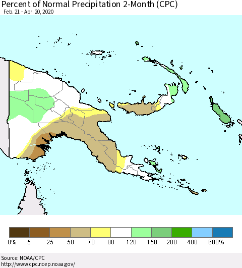 Papua New Guinea Percent of Normal Precipitation 2-Month (CPC) Thematic Map For 2/21/2020 - 4/20/2020