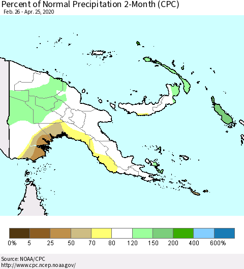 Papua New Guinea Percent of Normal Precipitation 2-Month (CPC) Thematic Map For 2/26/2020 - 4/25/2020