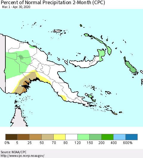 Papua New Guinea Percent of Normal Precipitation 2-Month (CPC) Thematic Map For 3/1/2020 - 4/30/2020