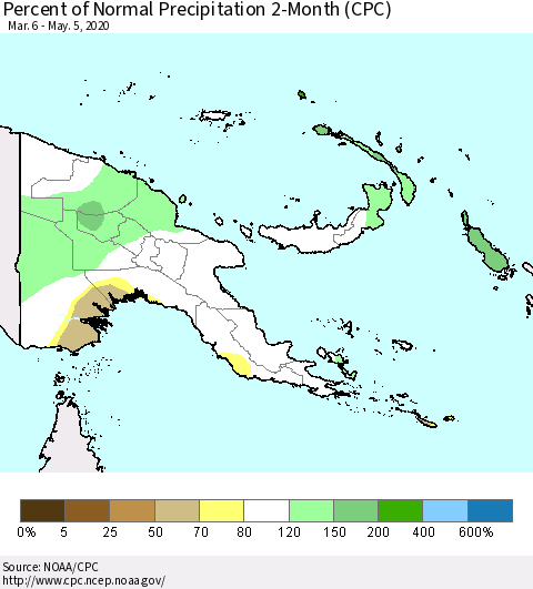 Papua New Guinea Percent of Normal Precipitation 2-Month (CPC) Thematic Map For 3/6/2020 - 5/5/2020