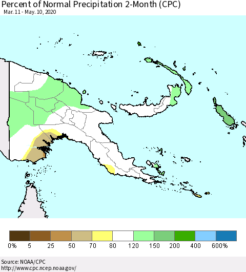Papua New Guinea Percent of Normal Precipitation 2-Month (CPC) Thematic Map For 3/11/2020 - 5/10/2020