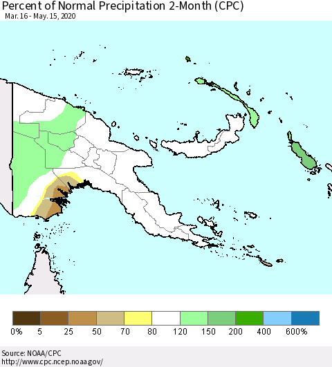 Papua New Guinea Percent of Normal Precipitation 2-Month (CPC) Thematic Map For 3/16/2020 - 5/15/2020