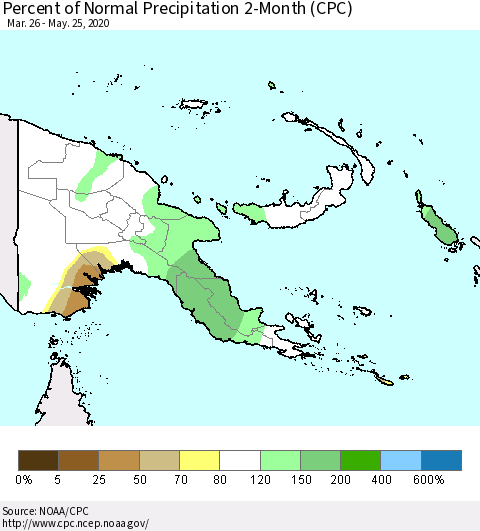 Papua New Guinea Percent of Normal Precipitation 2-Month (CPC) Thematic Map For 3/26/2020 - 5/25/2020